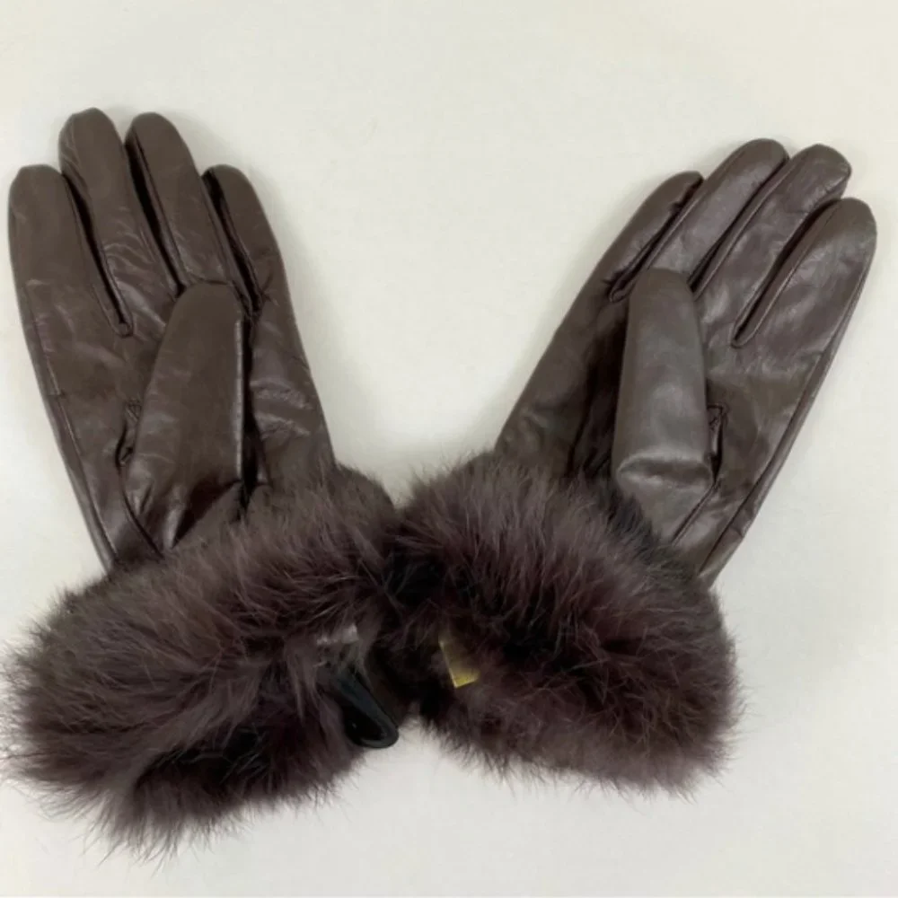Leather Fur Gloves Large Rabbit Trim Short Brown